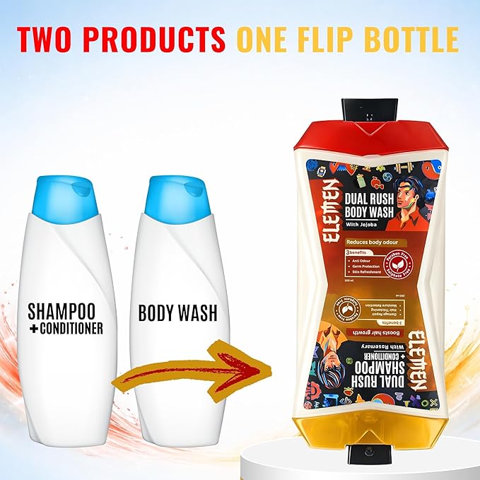 Elemen Dual Rush Flip Duo Bottle 500ml | Body Wash + Shampoo &amp Conditioner for Men | Daily Cleansing Body &amp Hair Care | Fresh &amp Strengthening Formula