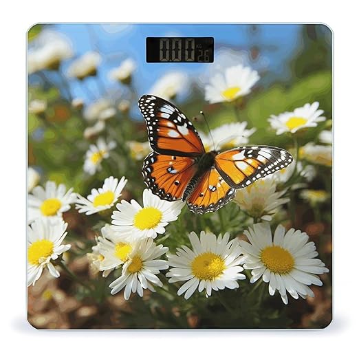 Butterfly on Daisy Flower Bathroom Scale Large LCD Backlight Display Digital Scale Rounded Corners Body Scales Automatic Power On/Off Bathroom Scales for Home Bedrooms