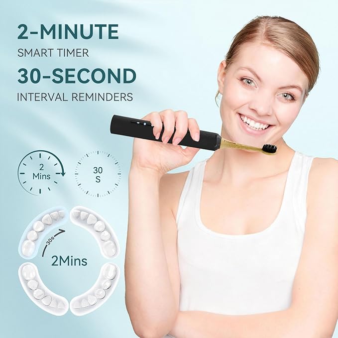 Bamboo Electric Toothbrush for Adults丨Rechargeable Electric Toothbrush with 3 Non Toxic Charcoal Infused Bamboo Brush Heads 5 Cleaning Modes 60 Days Battery Life IPX7 Waterproof-Black