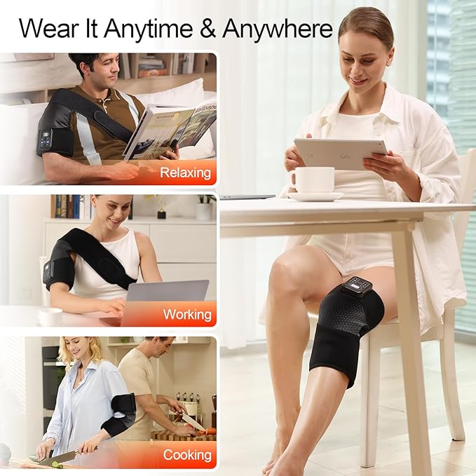 Cordless Knee Massager with Heat Vibration Heating Pad for Pain Relief 3 Vibrations &amp 5 Heating Levels Shoulder Brace Knee Brace Wrap Gifts for Dad Mom Men Women Seniors (Black Single)