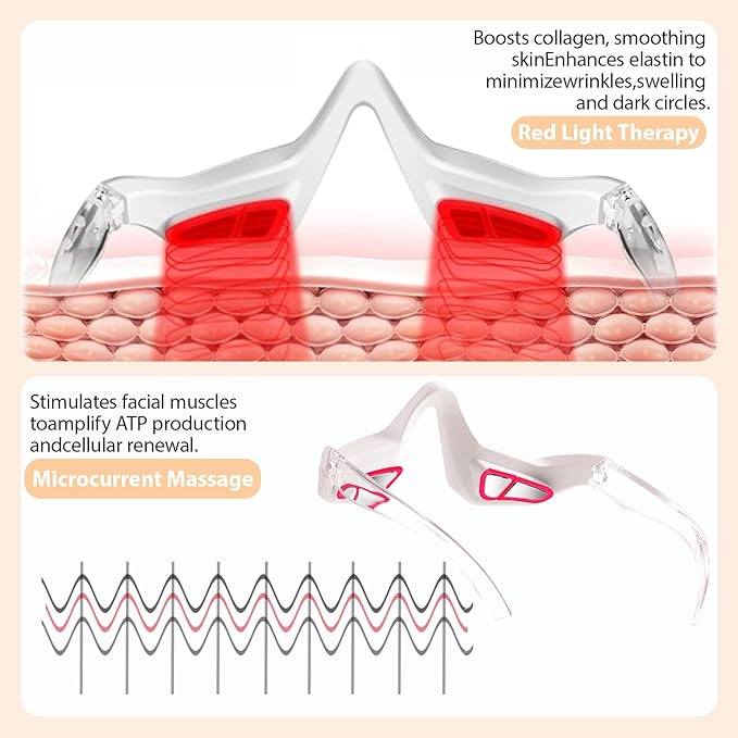 Under Eye Light Therapy Device Red Light Therapy Glasses 3 Modes Microcurrent Eye Massager Red Light Eye Mask for Eye Bags Dark Circles Puffiness Wrinkles Fine Lines
