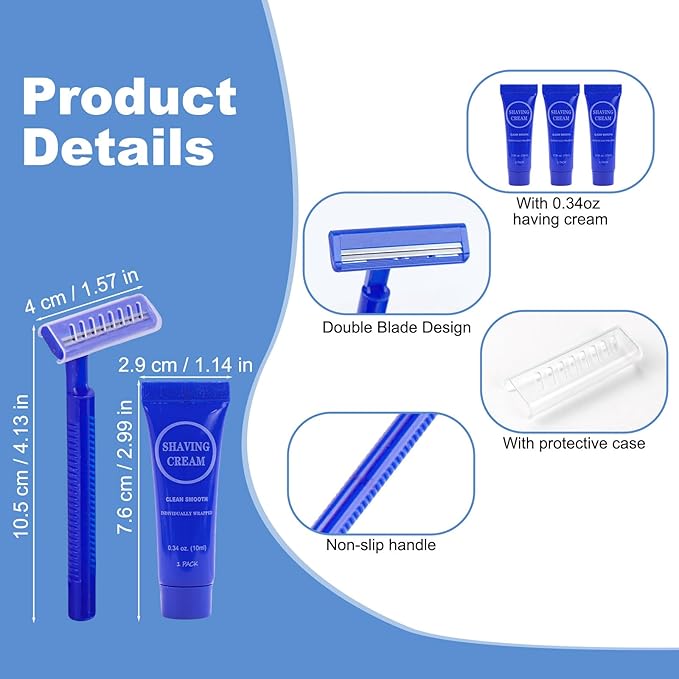 Disposable Razor Shaving Cream Set Individually Wrapped Manual Twin Blade Shaving Razors in Bulk with Mini Smooth Shaving Cream Toiletries for Hotel Charity Camping Travel Homeless 0.34oz (100 Pack)