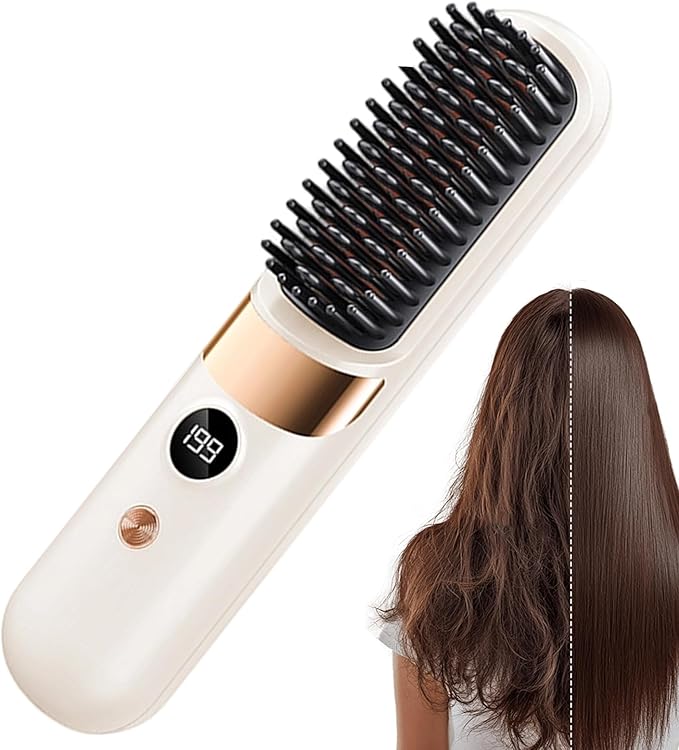 Hair Straightener Brush - Rechargeable with 4 Temperature SettingsHair Straightener Comb Cordless - for Home Travel Apartment College Dorm Vacation Women Wife Family