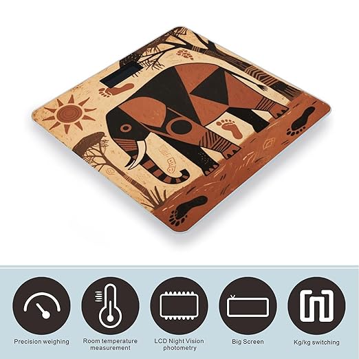 Elephant March Print Scale for Body Weight Sturdy Tempered Glass Weighing Scales with LCD Display Accurate Digital Bathroom Scale Convenient Body Fat Smart Scales Easy Read