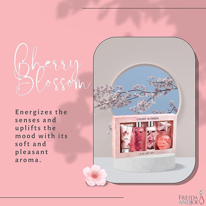 Fragrance Bath &amp Body Collection Gift Box Includes Shower Gel Body Lotion Body Scrub Bath Bomb &amp Sponge (Cherry Blossom) – Mother's Day Gift for Mom
