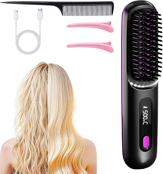 2026 UpgradedGo Brush Pro Portable Cordless Hair Straightener Brush with LCD Fast Heating Cordless 3 Temperature Settings USB Rechargeable Fast Heating Hair Brush for Travel