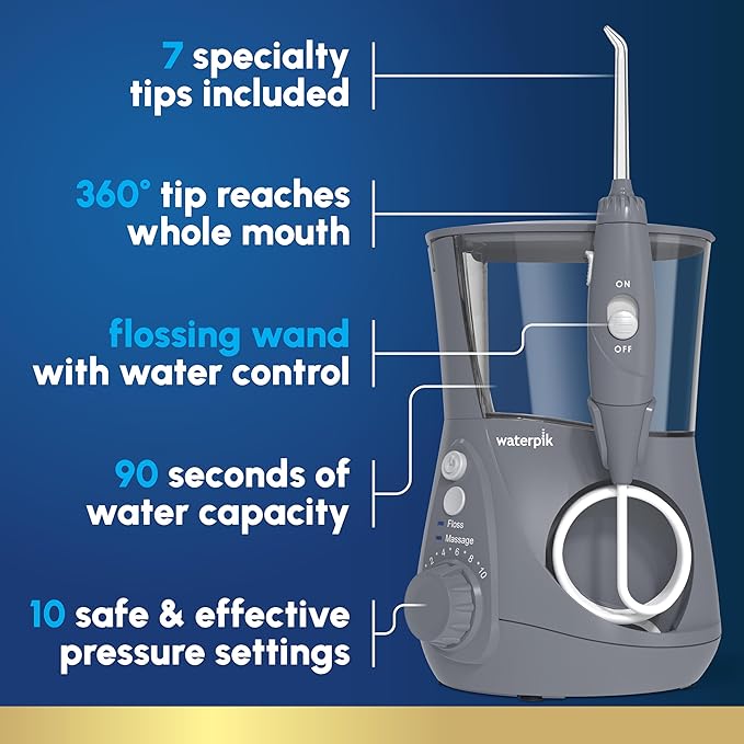 Waterpik Aquarius Water Flosser For Teeth Cleaning Gums Braces Dental Care Electric Power With 10 Settings 7 Tips For Multiple Users And Needs ADA Accepted Gray WP-667 Packaging May Vary