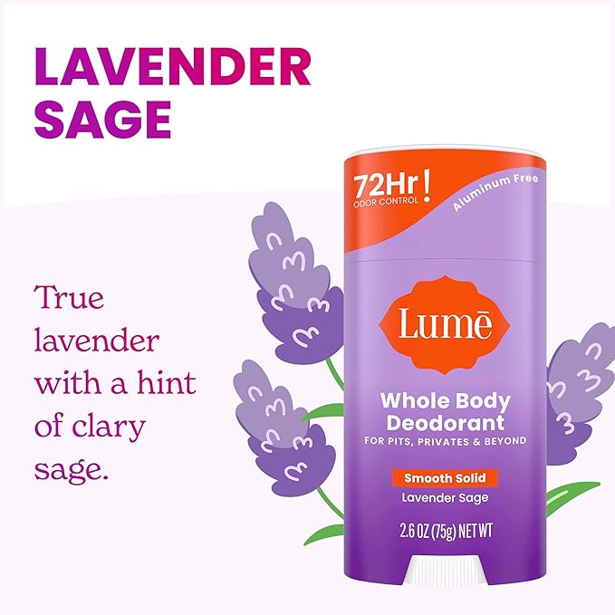 Lume Whole Body Deodorant - Smooth Solid Stick - 72 Hour Odor Control - Aluminum Free Baking Soda Free and Skin Safe - 2.6 Ounce (Pack of 3) (Clean Tangerine Lavender Sage Unscented)