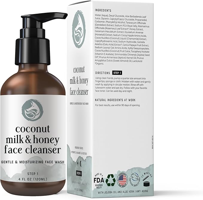 Coconut Milk &amp Honey Face Wash 4 fl oz – Gentle Hydrating Cleanser for Sensitive to Dry Skin | Fragrance-Free Non-Drying Formula with Aloe &amp Jojoba | Ideal for Redness Dryness &amp Daily Ma