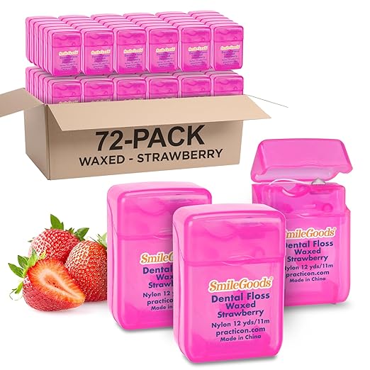 SmileGoods Waxed Dental Floss 12 Yard Strawberry Flavored Bulk Pack of 72