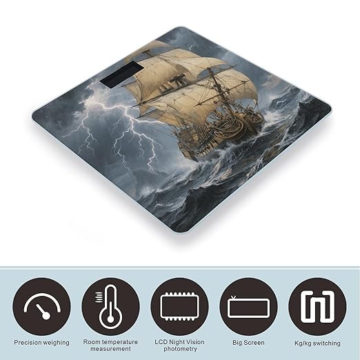 Ancient Sailing Ship in Storm Bathroom Scale for Body Weight Bathroom Digital Electronic Weighing Scale with Back Lit LED Display Sturdy Tempered Glass Weight Watchers Scales 400lb