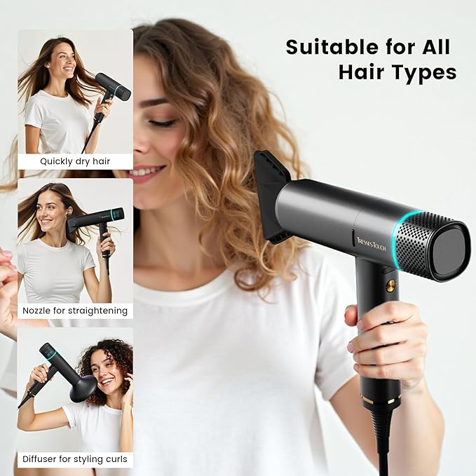 Hair Dryer High-Speed Ionic Low Noise Blow Dryer Powerful 1600 Watt Motor for Fast Drying and Straight &amp Wavy Hair Lightweight Professional Hairdryer with Diffuser &amp Nozzle for Home Salon
