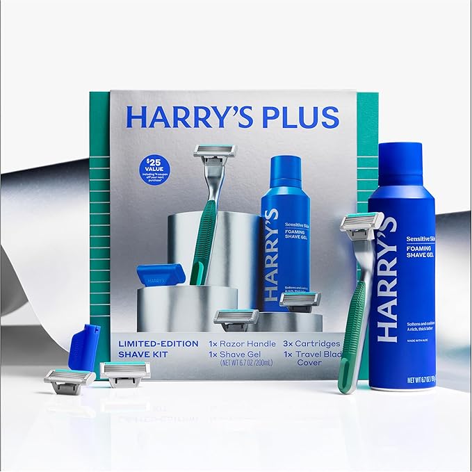 Harry's Plus Men's Father's Day Gift Set with Shaving Razor 3 Blade Refill Cartridges 6.7 FL OZ Foaming Shave Gel Shaving Kit for Men