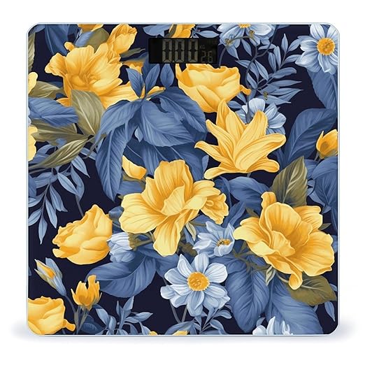 Blue Base Yellow Floral Scale for Body Weight Safe Rounded Corners Tempered Glass Digital Bathroom Scale LED Display 400lb Capacity Weight Scales with High Precision Sensors