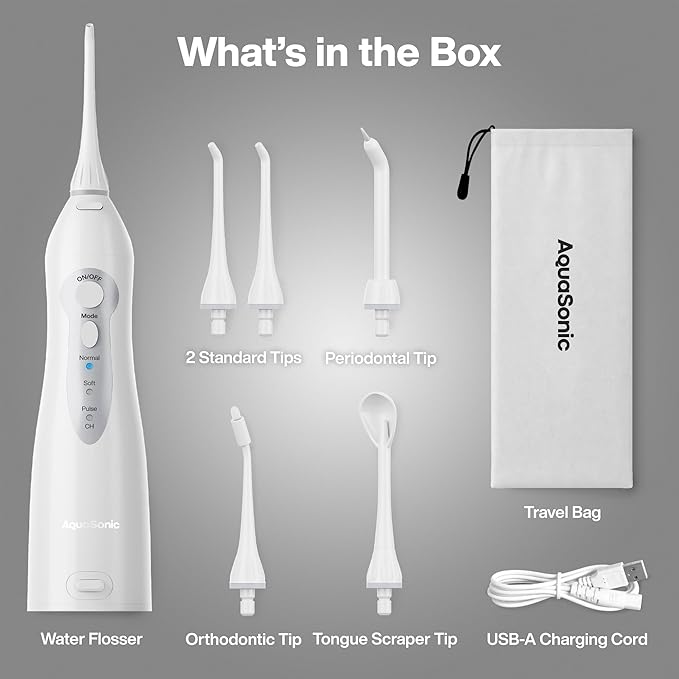 AquaSonic Aqua Flosser PRO - Rechargeable Electric Cordless Water Flosser for Teeth Gums &amp Tongue - Waterproof Modern Design 300ml Large Tank 3 Modes 6 Jet Tips Deluxe Tongue Nozzle - Optic W