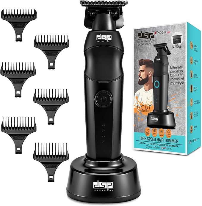 DSP Professional Hair Trimmer for Men Beard Mustache Cordless Trimmer Indicator Light with Charge Base Zinc Alloy Body Low Noise Zero Gapped Edgers Trimmer (Black)