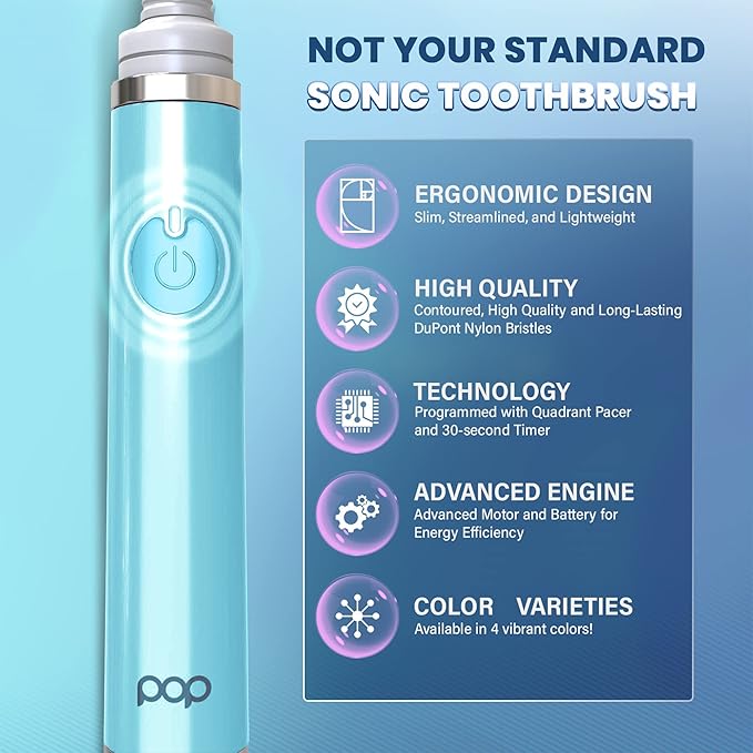 Pop Sonic Ultimate Pro Rechargeable Toothbrush (Hawaiian Blue) - 40000 Strokes/Min - Long-Lasting Nylon Bristles - Teens &amp Adults with Quadrant Pacer &amp Timer