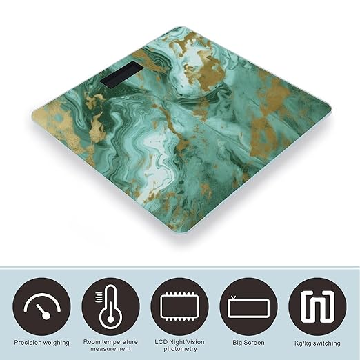 Green Gold Marble Digital Bathroom Scale for Body Weight with High Precision Digital Weighing Scale with BMI Clear LCD Display and Step-On Measures Weight Up to 180kg