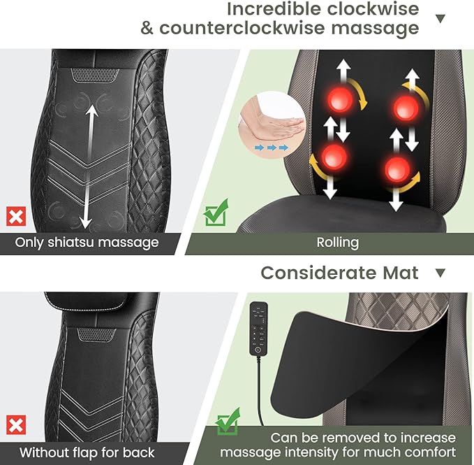 Giantex Massage Seat Cushion with Heat &amp Vibration Removable Neck Pillow &amp Back Flap Adjustable Width 3-Level Timer Spot Massage Rolling Shiatsu Massager for Full Back