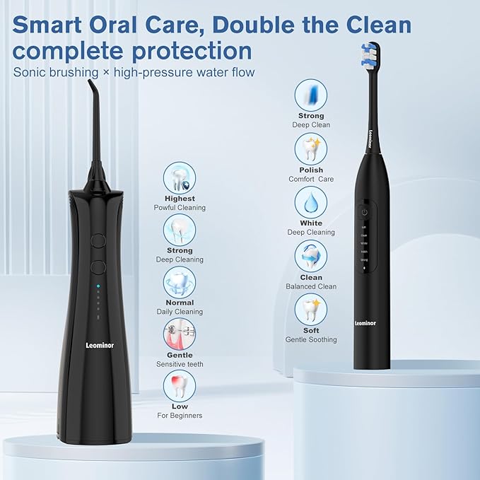 Leominor 3-in-1 Water Flosser &amp Electric Toothbrush Combo – Cordless Oral Irrigator with 235ml Large Tank5 Modes IPX7 WaterproofFreshening Stripsfor TeethGumsBracesHome &amp TravelBlack