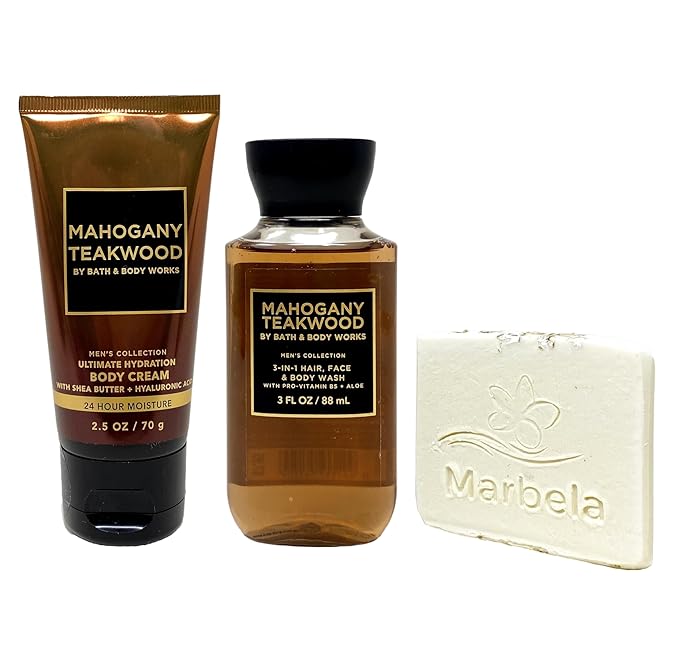 Bath &amp Body Works Men's Collection Mahogany Teakwood Body Cream and 3-in-1 Hair Face &amp Body Wash Bundle with a Natural Oats Sample Soap - Travel Size