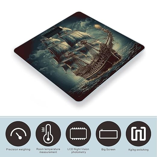 Nautical Vintage Sailing Pirate Ship Scale for Body Weight Anti-Slip Tempered Glass Digital Bathroom Scales Clear LCD Display Weighing Scale Safe Rounded Corners Smart Scales