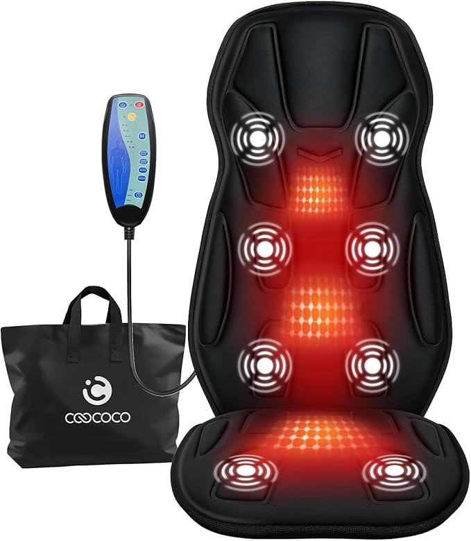 CooCoCo Back Massager with Heat 8 Vibrating Motors Back Massager for Pain Relief Deep Tissue Massage Chair Pad Chair Massage Pad for Office Home 2 Heaitng Levels Gifts for Women Mom Mothers Wife
