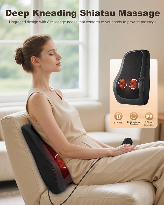 Beleduc Shiatsu Back Massager with Heat Back Massager for Back Pain Deep Tissue Vibration Massage Deep Kneading Massager Pillow for Neck Shoulder Black