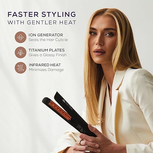 Sutra Professional IR2 Flat Iron - Ionic Infrared Hair Straightener with Adjustable Temperature Auto Shut-Off &amp Swivel Cord - Straight Iron for Straightening Hair - Rose Gold Titanium Plate