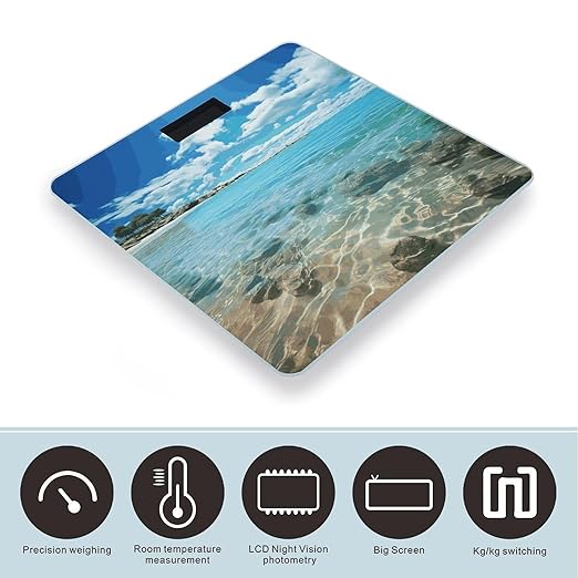 Scenic Sea Water Scale for Body Weight Anti-Slip Digital Bathroom Scale Sturdy Toughened Glass Weighing Scales High Precision Safe Rounded Corners Smart Scales