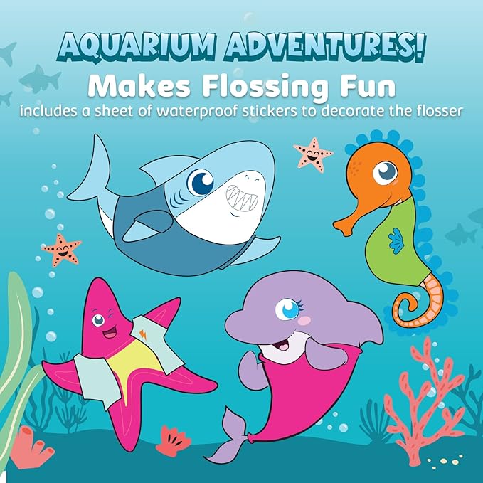 AquaSonic Kids' Water Flosser for Ages 6+ | Standard Nozzle Orthodontic Nozzle &amp Waterproof Stickers | 4 Flossing Modes | Aquarium Adventures Theme (Blue)