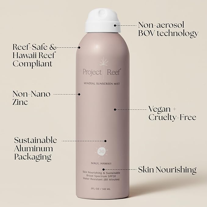 Project Reef SPF 30 Mineral Sunscreen Spray &amp Cooling Mist w/Aloe Vera Peppermint Cucumber - Non-Aerosol Reef Safe Sunburn Relief No White Cast Sunscreen for All Skin Types