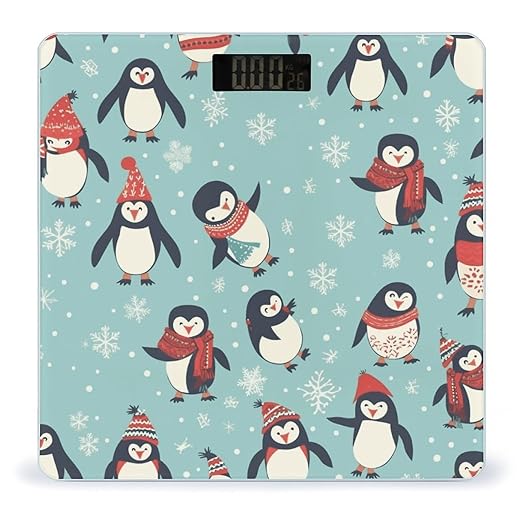 Winter Christmas Penguins Bathroom Scale for Body Weight with High Precision Large LCD Backlight Display Digital Weighing Scale with BMI Capacity Up to 180kg