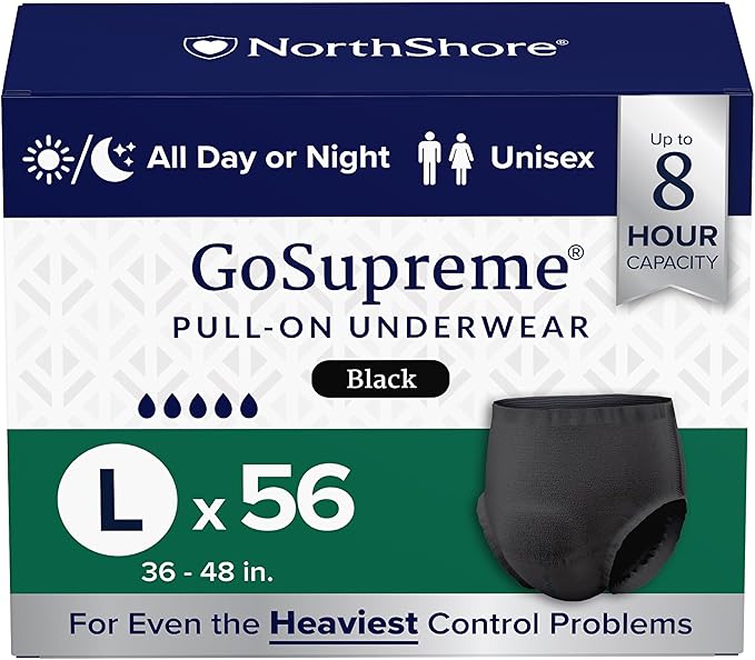 NorthShore GoSupreme Overnight Pull-On Underwear 8-Hour Leak Protection Large 56-Count Case Black (36-48 in Waist) Unisex Adult Diapers