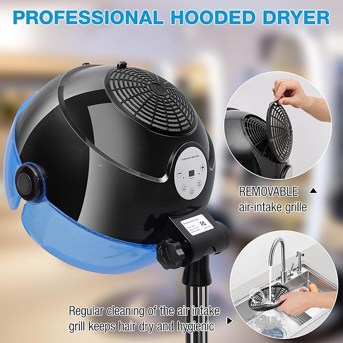 Hooded Hair Dryer 1500W Standing Hair Dryer with Time Settings Touch Controls and 3 Temperature Modes Height Adjustable Ionic Hooded Dryer Professional Hooded Dryer for Home or Salon Use