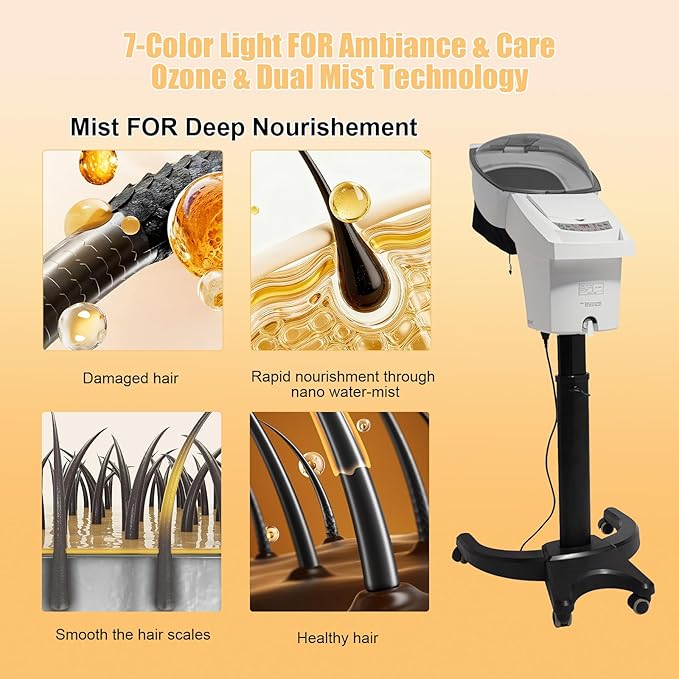 Hair Steamer for Deep Conditioning w/7 Color Light &amp Ozone 700W Micro Mist Scalp Hydration Steamer for Hair Treatment for Natural/Black Hair w/Adjustable Temp for Barbershops (White)