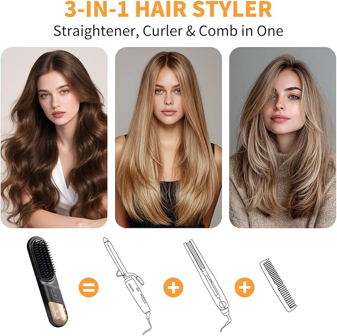 Go Brush Pro 3-in-1 Cordless Negative Ion Hair Straightener &amp Curle &amp Comb 4 Temps Intelligent Control Fast Heating MCH Ceramic Coating Anti-scalding Comb Teeth Smoothes Frizz