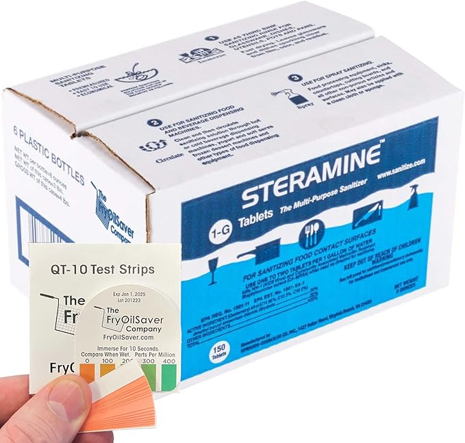 Pack of 6 (900 Tab) Steramine Sanitizing Tablets w/ 30x QT-10 Test Strips by FryOilSaver Co. Steramine Multi Purpose Contact Solution Sanitizer Tablets for Gym Hotel Bar Restaurants &amp Food Ser