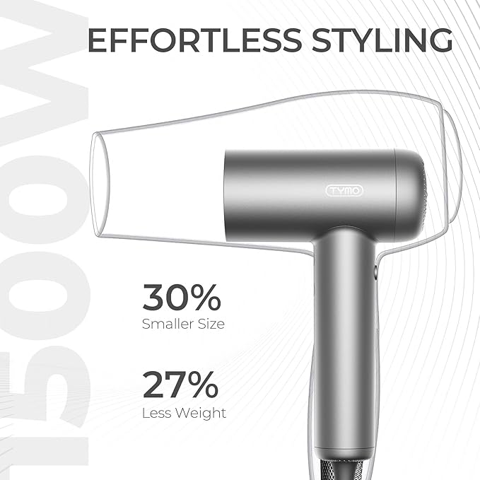 TYMO Ionic Hair Dryer for Women Professional Blow Dryer with 110000 RPM Brushless Motor for Fast Drying Travel Lightweight AIRHYPE Lite Hairdryer Low Noise 4 Temps &amp 3 Speeds for Man Silver