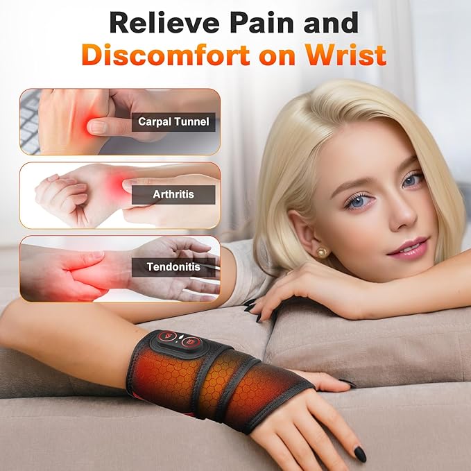 Cordless Wrist Heating Pad Wrap with Vibration Rechargeable Heated Wrist Brace for Hand Pain Relief Red Light Heating Pad for Women and Men Wrist Hand Arm Leg Ankle
