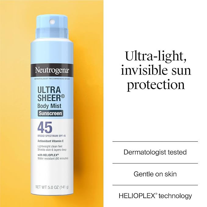 Neutrogena Ultra Sheer Sunscreen Spray SPF 45 Body Mist Lightweight Non-Greasy Broad Spectrum UVA/UVB Protection Oil-Free &amp Non-Comedogenic Water Resistant Spray Sunscreen (80 min) Pack of 3 5