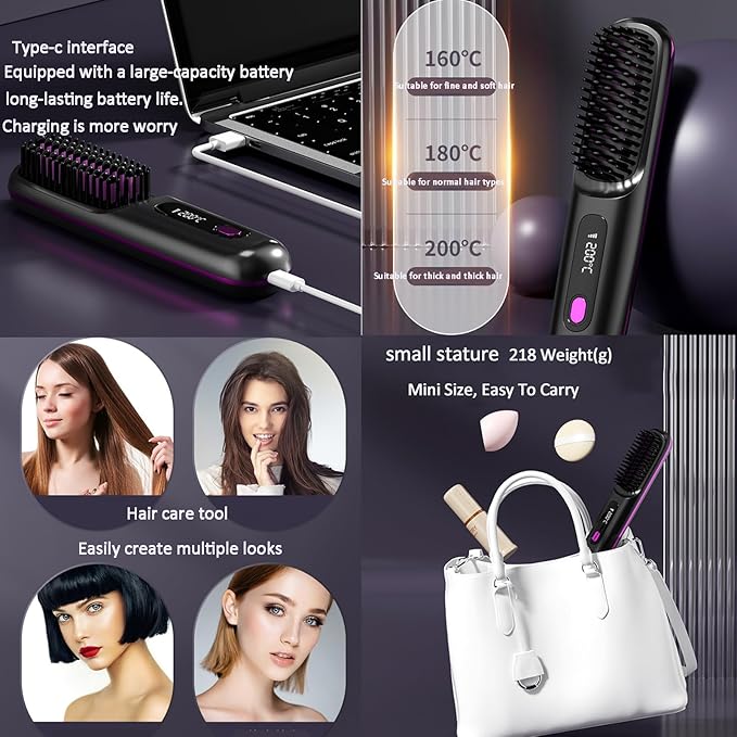 Cordless Ceramic Heated Electric Wireless Hair StraightenerPortable LCD Hair Straightening CombUSB Rechargeable Negative Ion Hot Comb Hair BrushWhite