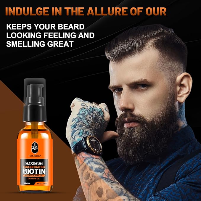 Beard OilMaximun Thickening Biotin with Castor Oil and Argan &amp Jojoba Oils Promotes Beard Growth Styles Strengthens &amp Softens Beards &amp Mustaches1 Ounce*2（2 Pack）