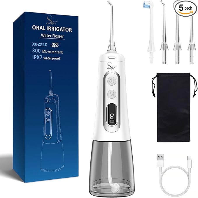 Sadat Cordless Water Dental Flosser – 9 Modes LED Screen 300ML Portable Oral Irrigator Rechargeable &amp IPX7 Waterproof Teeth Cleaning Picks for Home &amp Travel White