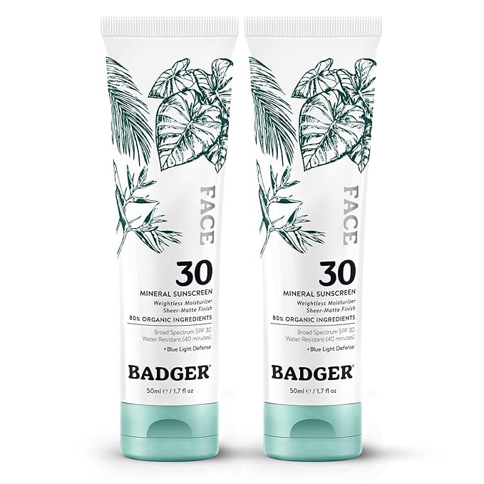 Badger Zinc Oxide Face Sunscreen SPF 30 Lightweight Mineral Sunscreen for Face Matte Finish No White Cast Vegan Water Resistant Unscented Mineral Sunblock Facial Lotion 1.7 fl oz 2-Pack