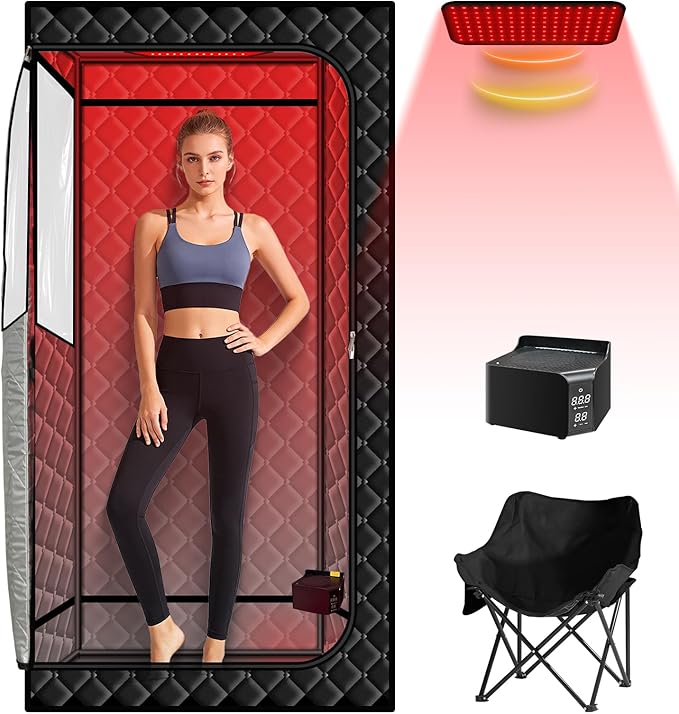 Smartmak Portable Sauna with Infrared 660nm Red Light Therapy Lamp for Home Relaxation Personal Large Full Body Sauna Spa Tent 1500W Fast Heating Hot Air Saunas Folding Chair Indoor Use 130–150°F