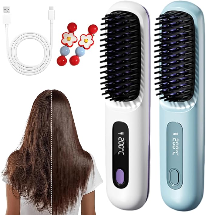 Cordless Portable Hair Straightener Brush Mini Hair Straightener Brush with LCD Temper Ature Display 3 Adjustable Temperatures Rechargeable Heating for Home Travel and Morning Rush (White+Blue)