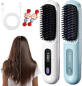 Cordless Portable Hair Straightener Brush Mini Hair Straightener Brush with LCD Temper Ature Display 3 Adjustable Temperatures Rechargeable Heating for Home Travel and Morning Rush (White+Blue)