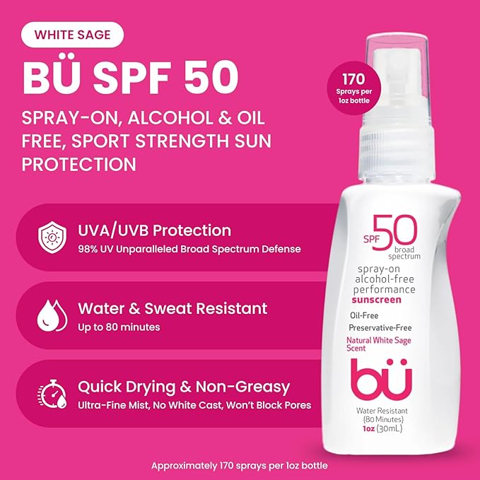 BU SPF 50 Sunscreen Spray for Face and Body 2-Pack with 3.3 oz Fragrance Free and 1 oz White Sage Clear Non Greasy Water Resistant