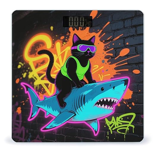 Blacklight Cat Riding Shark Scale for Body Weight Sturdy Tempered Glass Weighing Scales with LCD Display Accurate Digital Bathroom Scale Convenient Body Fat Smart Scales Easy Read